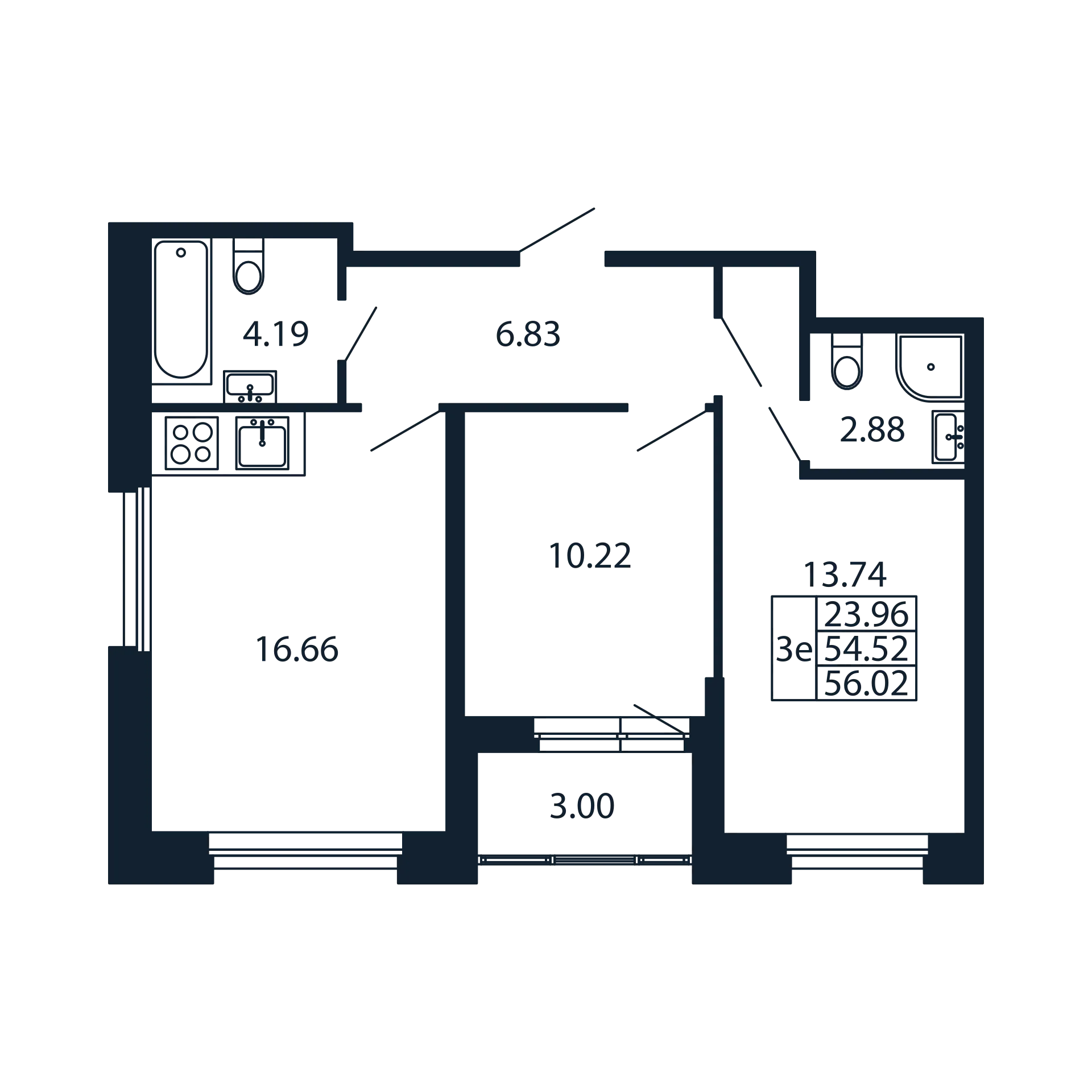 3-комнатная (Евро) квартира, 54.52 м² в ЖК "Полис Новоселье" - планировка, фото №1