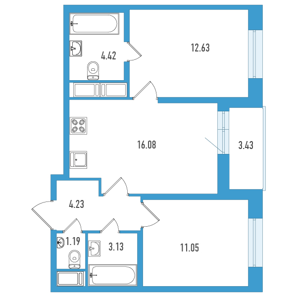 3-комнатная (Евро) квартира, 54.45 м² в ЖК "Искра-Сити" - планировка, фото №1