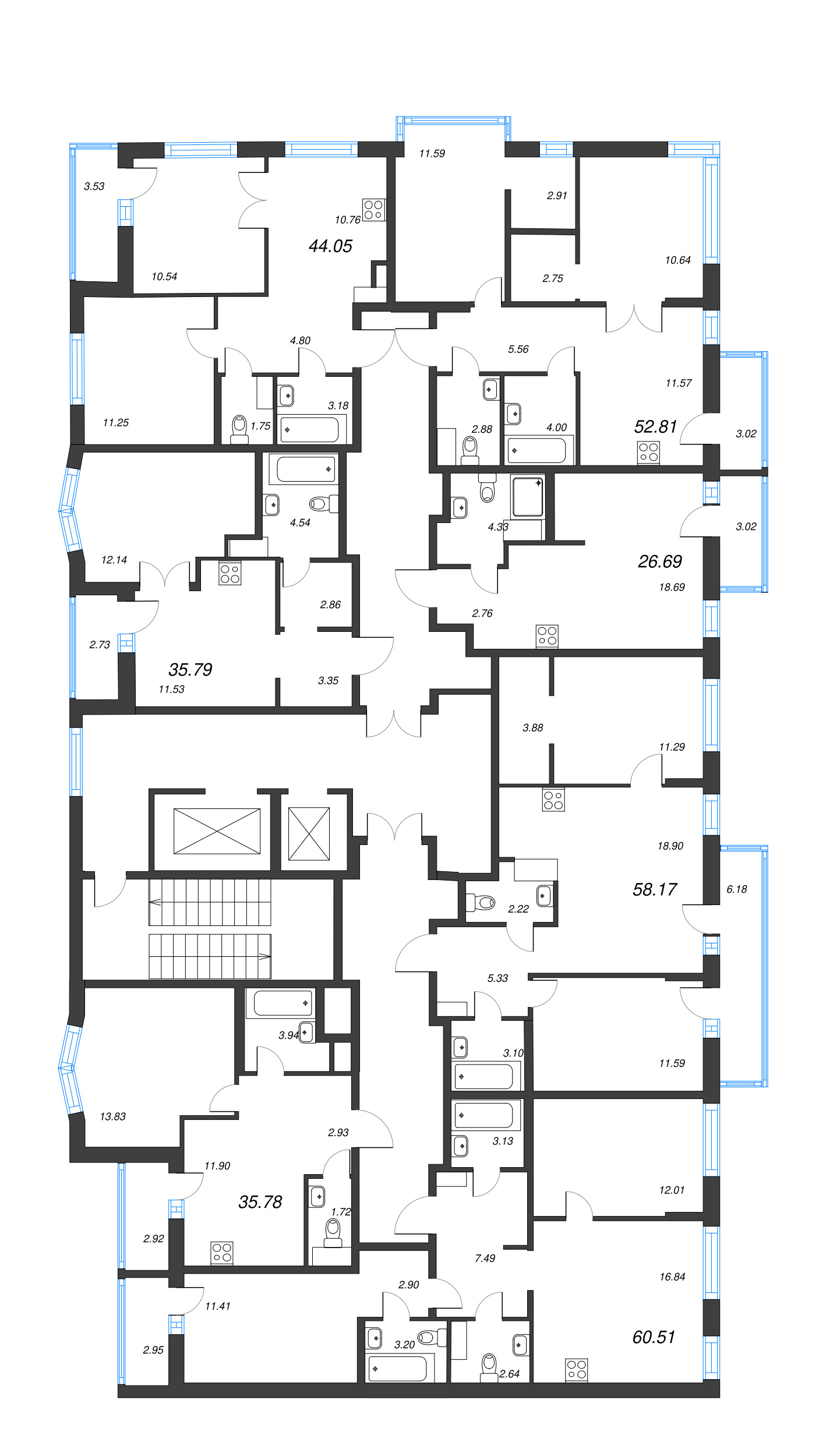 3-комнатная (Евро) квартира, 60.51 м² - планировка этажа