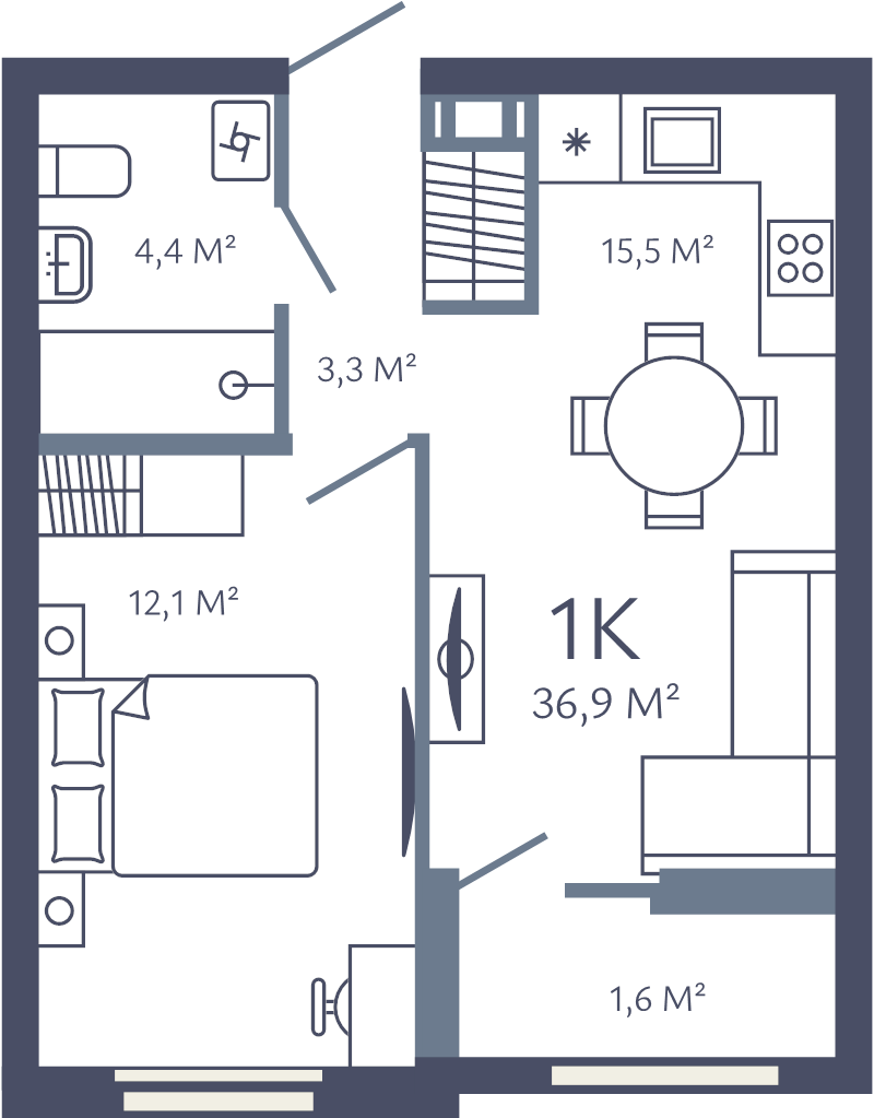 2-комнатная (Евро) квартира, 36.9 м² в ЖК "Лендлер" - планировка, фото №1