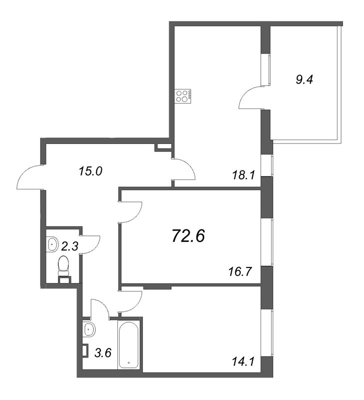 3-комнатная (Евро) квартира, 72.6 м² - планировка, фото №1
