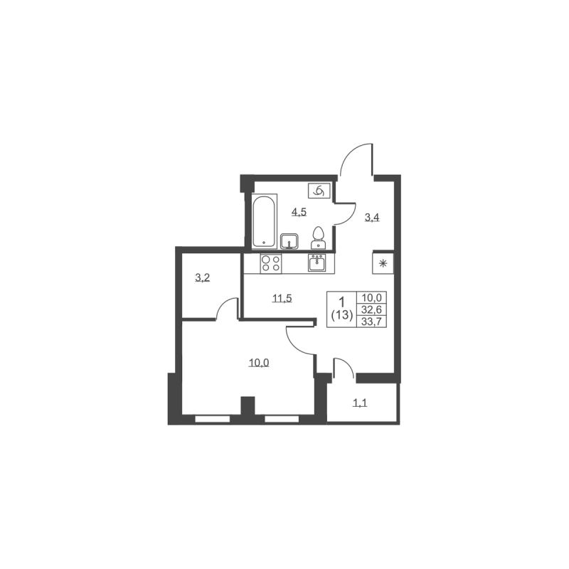 1-комнатная квартира, 33.7 м² в ЖК "Ермак" - планировка, фото №1