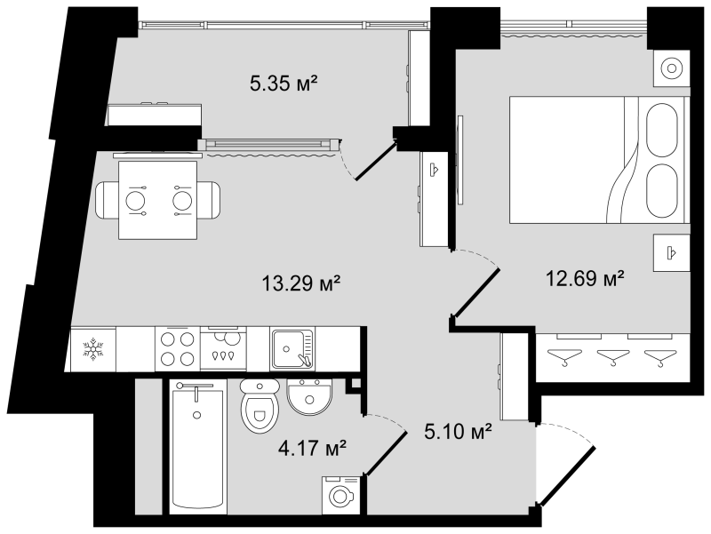 1-комнатная квартира, 37.93 м² в ЖК "Новгородская 8" - планировка, фото №1
