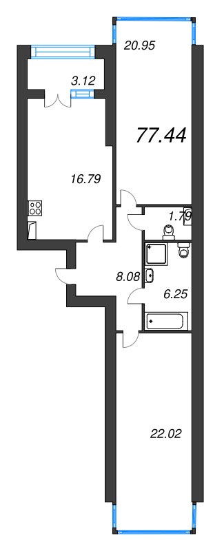 3-комнатная (Евро) квартира, 82 м² - планировка, фото №1
