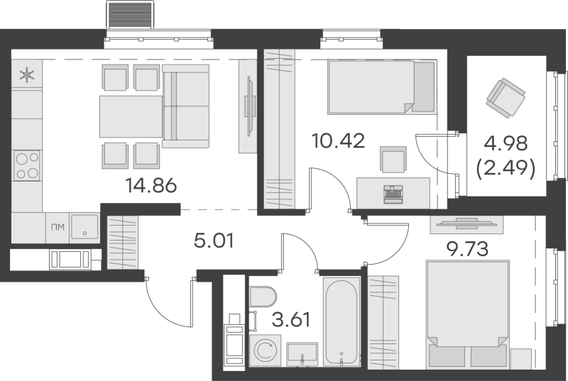 2-комнатная квартира, 46.12 м² - планировка, фото №1