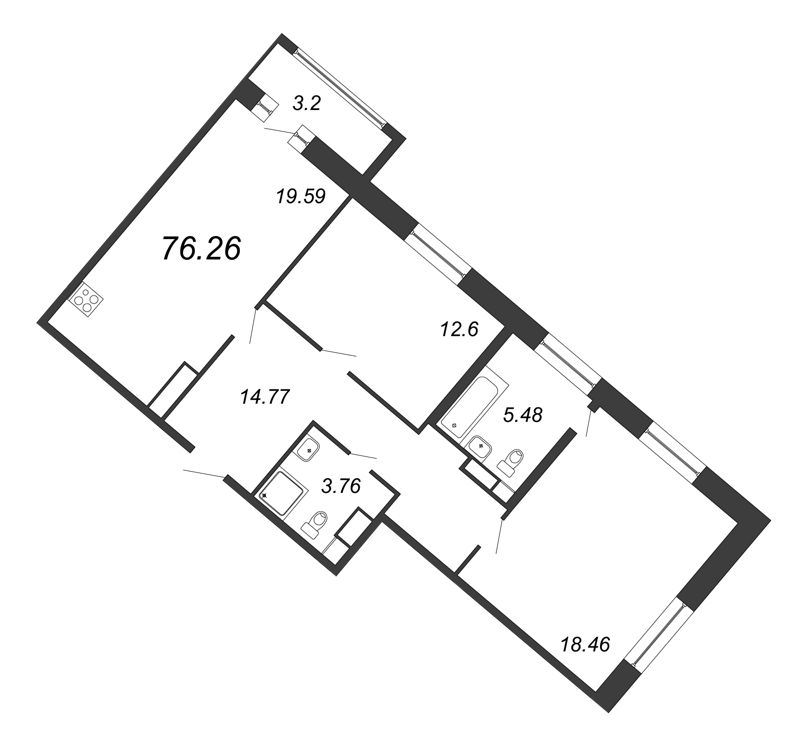 3-комнатная (Евро) квартира, 76.26 м² в ЖК "Modum" - планировка, фото №1