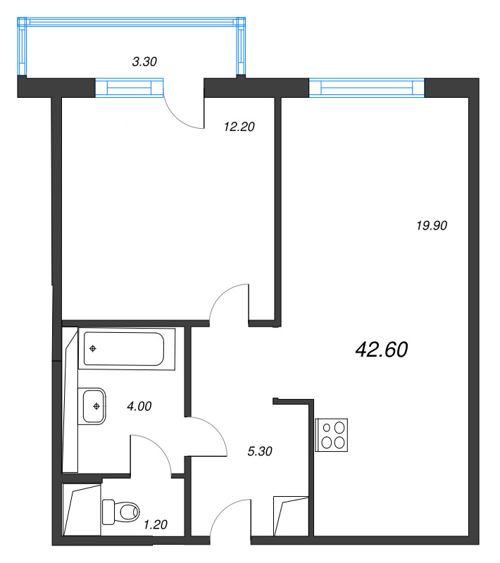 2-комнатная (Евро) квартира, 42.6 м² в ЖК "Руднева 15" - планировка, фото №1