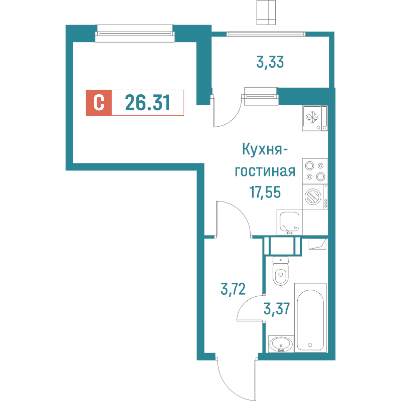 Квартира-студия, 26.31 м² в ЖК "Графика" - планировка, фото №1
