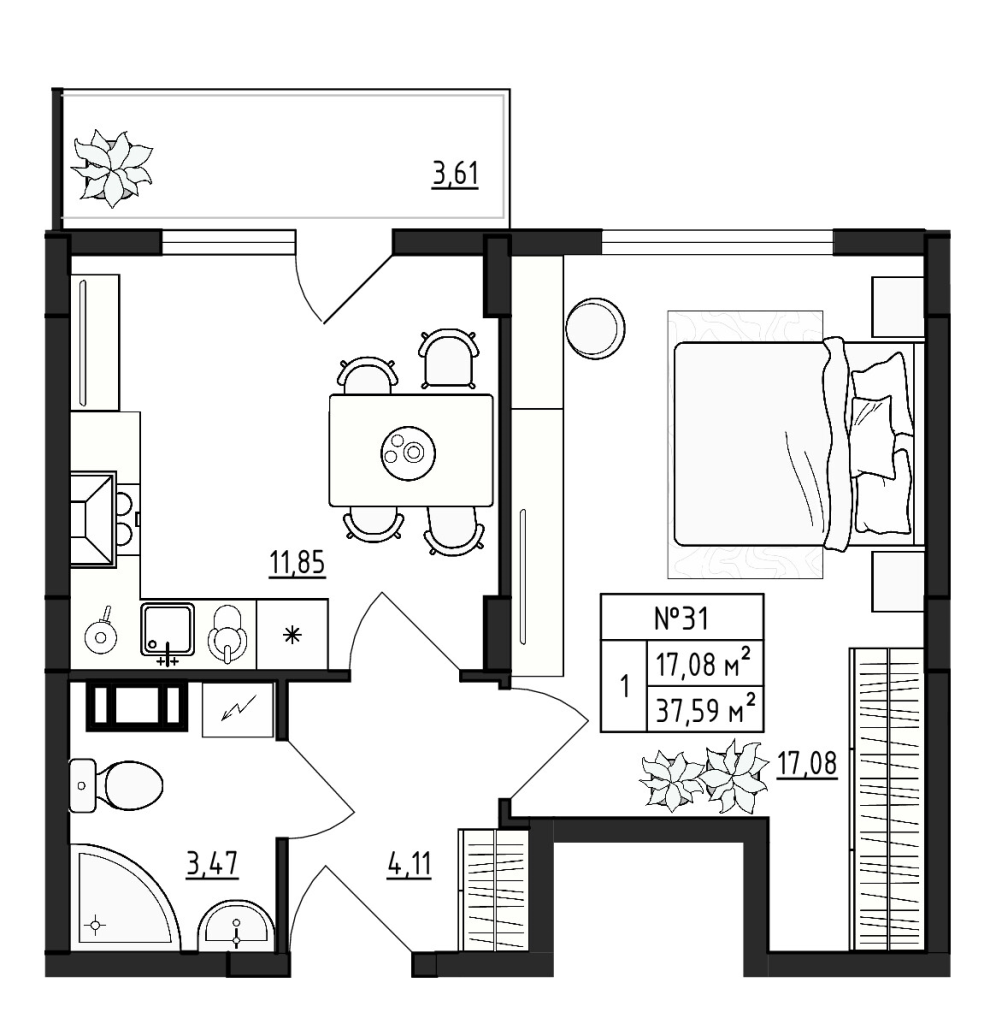 1-комнатная квартира, 37.59 м² в ЖК "Верево Сити" - планировка, фото №1