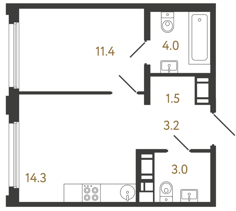 1-комнатная квартира, 37.4 м² в ЖК "Гений" - планировка, фото №1