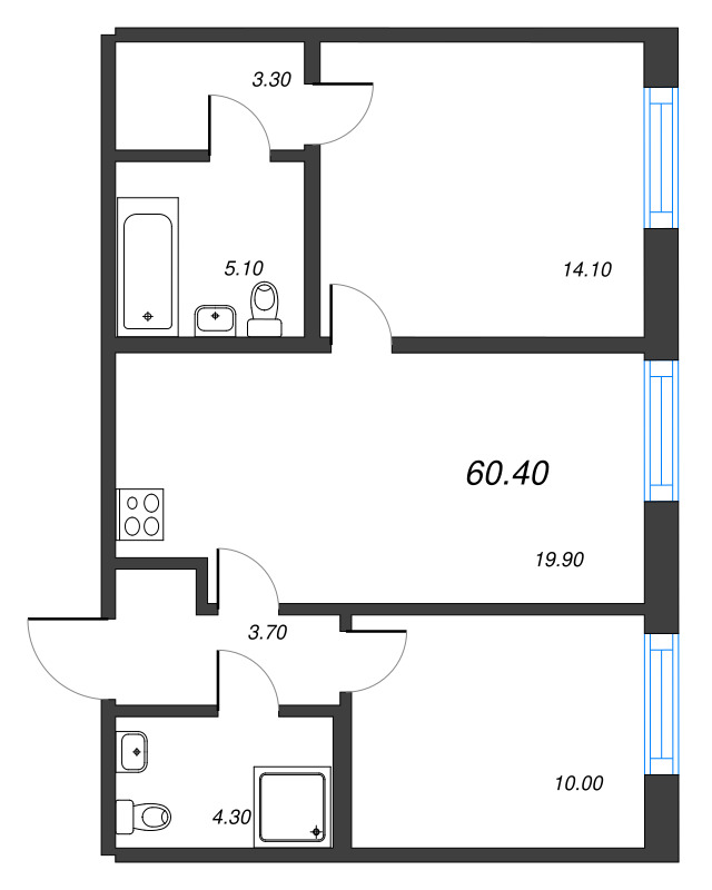 3-комнатная (Евро) квартира, 60.4 м² в ЖК "Парусная 1" - планировка, фото №1