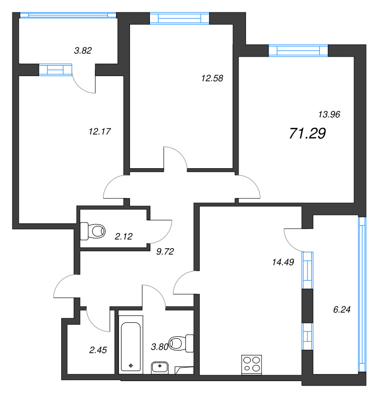 3-комнатная квартира, 71.29 м² в ЖК "Любоград" - планировка, фото №1