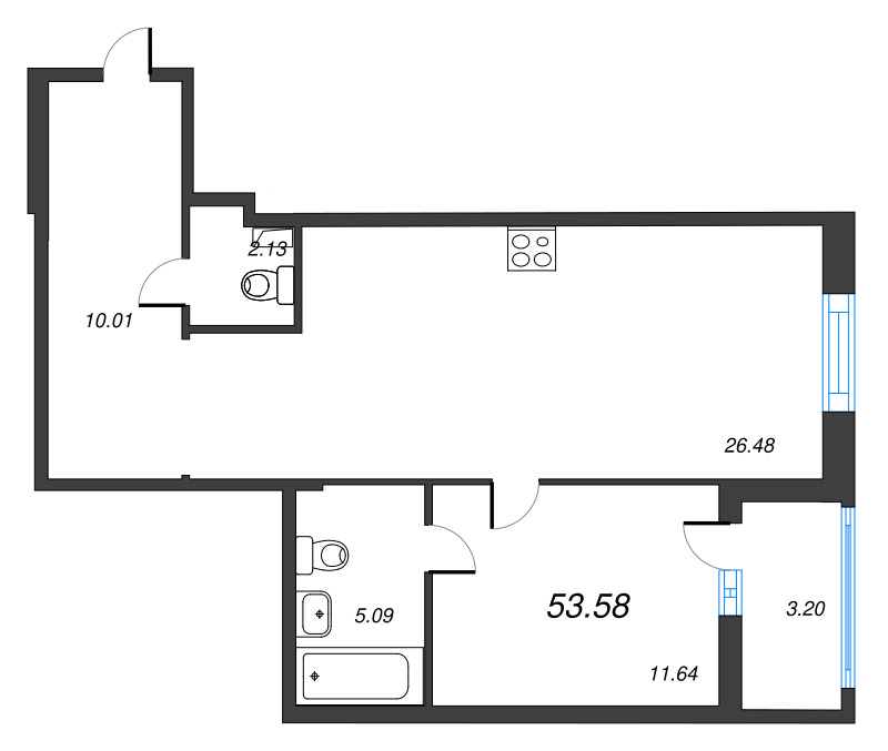 2-комнатная (Евро) квартира, 53.58 м² - планировка, фото №1