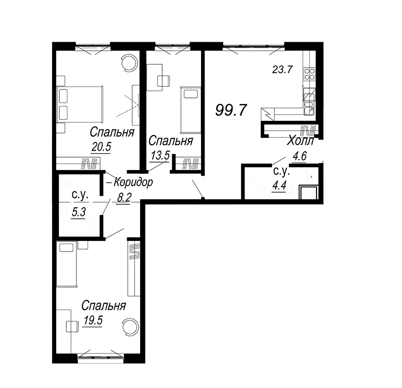 4-комнатная (Евро) квартира, 99.3 м² - планировка, фото №1
