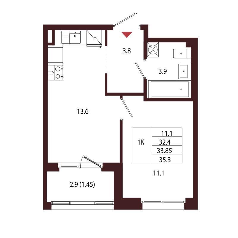 1-комнатная квартира, 33.85 м² в ЖК "Лисино" - планировка, фото №1