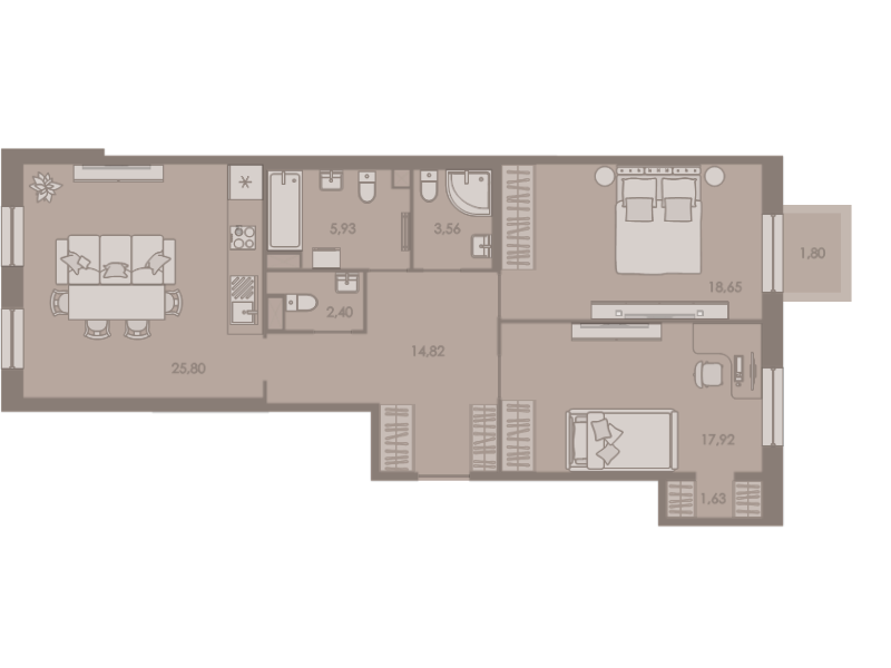3-комнатная (Евро) квартира, 91 м² в ЖК "Северная корона" - планировка, фото №1