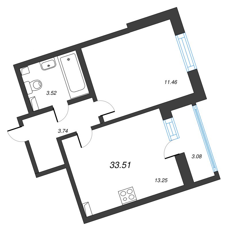 2-комнатная (Евро) квартира, 33.51 м² в ЖК "Лето" - планировка, фото №1