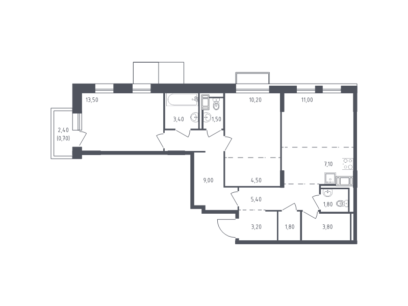 3-комнатная (Евро) квартира, 76.9 м² в ЖК "Курортный Квартал" - планировка, фото №1