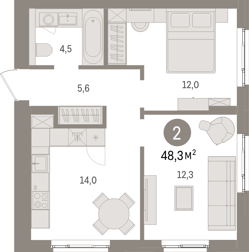 2-комнатная квартира, 48.3 м² в ЖК "Брусника в Новоселье" - планировка, фото №1