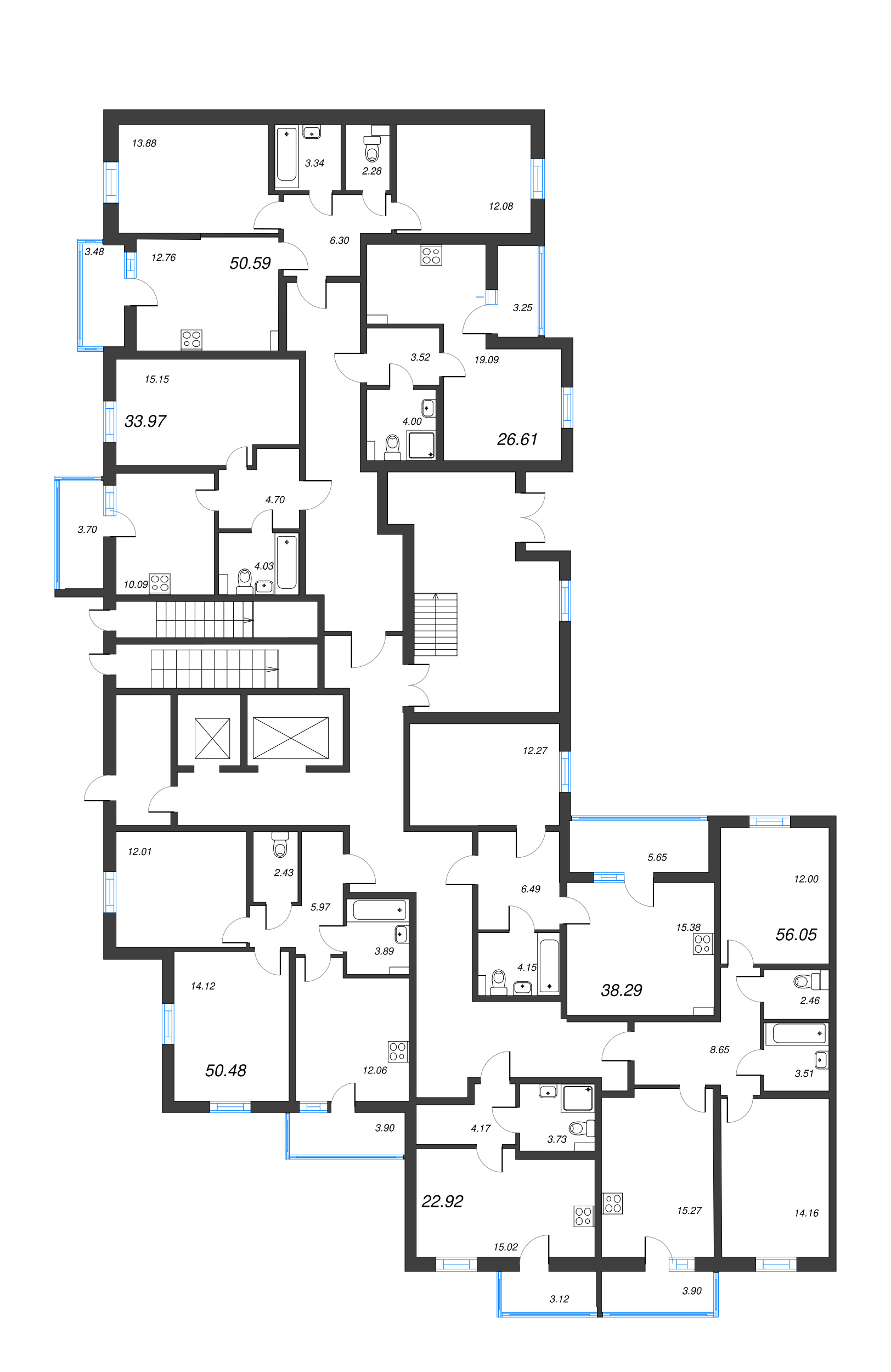 2-комнатная (Евро) квартира, 38.29 м² - планировка этажа