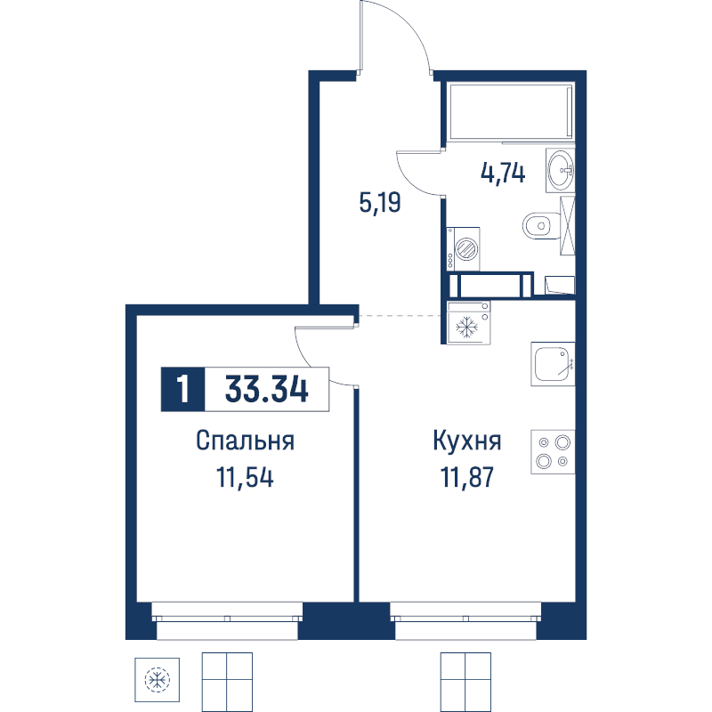 1-комнатная квартира, 33.34 м² в ЖК "Символист" - планировка, фото №1