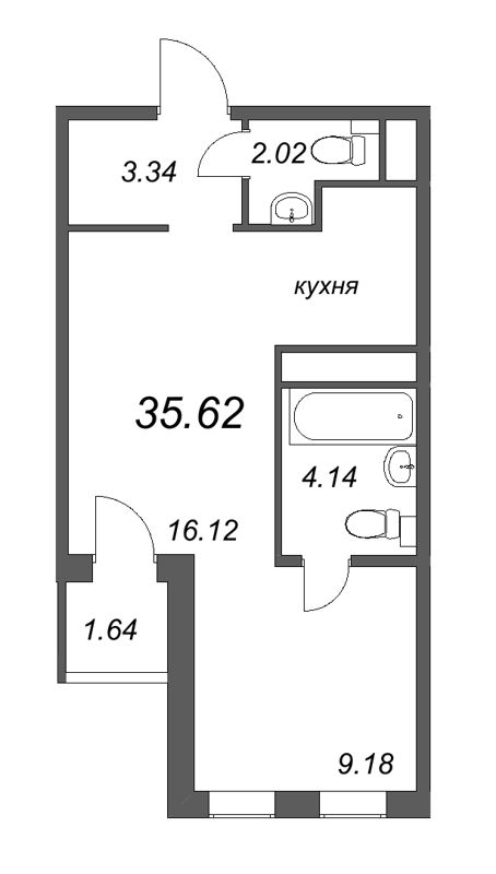 2-комнатная (Евро) квартира, 35.62 м² в ЖК "AEROCITY Club" - планировка, фото №1