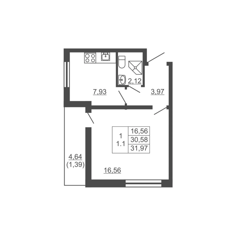 1-комнатная квартира, 31.97 м² в ЖК "Тандем" - планировка, фото №1