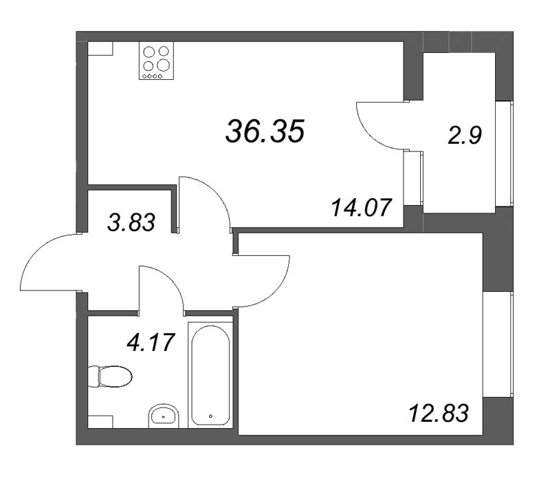1-комнатная квартира, 36.35 м² в ЖК "Гранат" - планировка, фото №1
