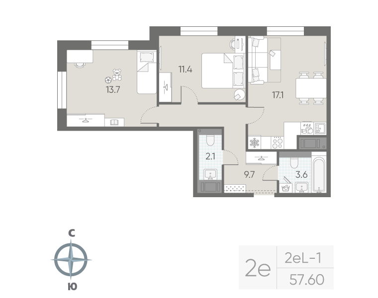 3-комнатная (Евро) квартира, 57.6 м² в ЖК "Большая Охта" - планировка, фото №1