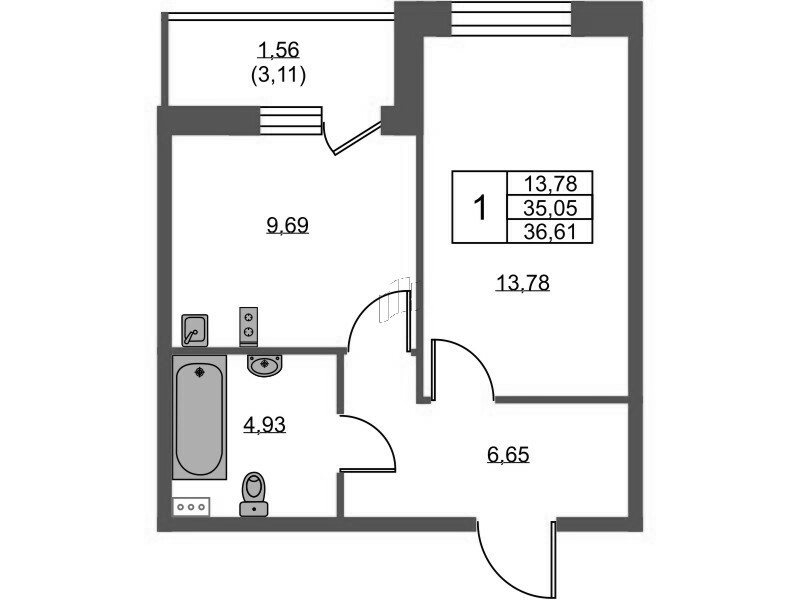 1-комнатная квартира, 36.61 м² - планировка, фото №1