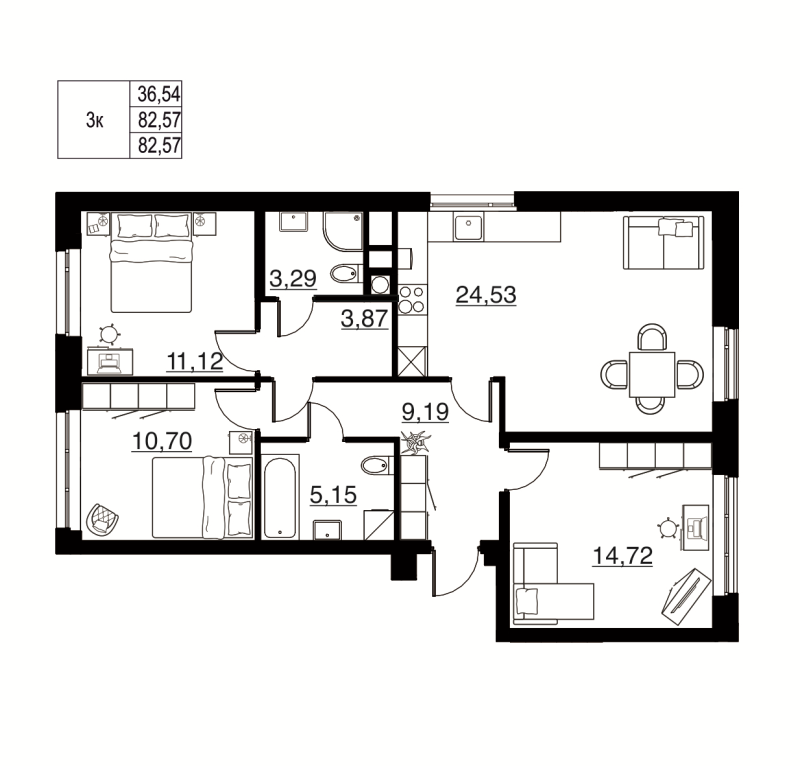 4-комнатная (Евро) квартира, 82.57 м² в ЖК "Соло. Петергоф" - планировка, фото №1