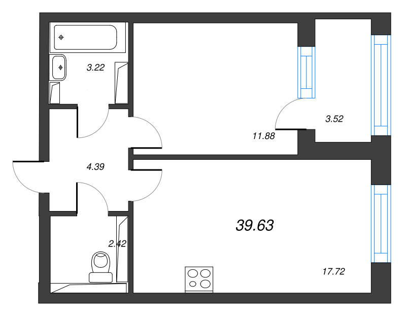 1-комнатная квартира, 40.69 м² в ЖК "Кронфорт. Центральный" - планировка, фото №1