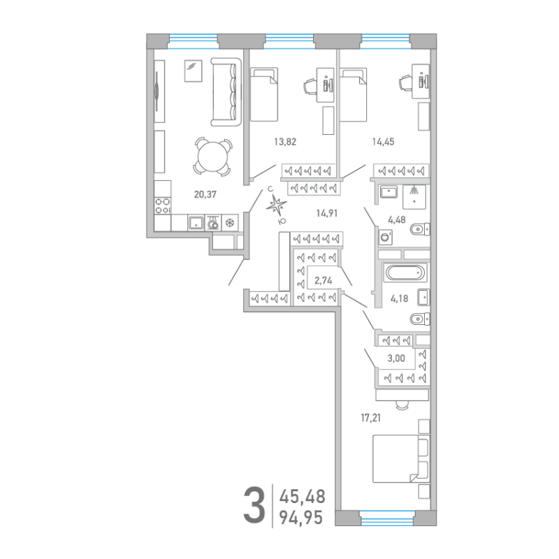4-комнатная (Евро) квартира, 94.95 м² - планировка, фото №1