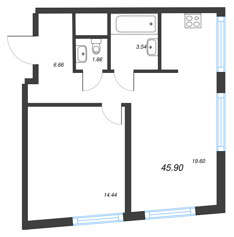 2-комнатная (Евро) квартира, 45.9 м² в ЖК "Legenda Васильевского" - планировка, фото №1
