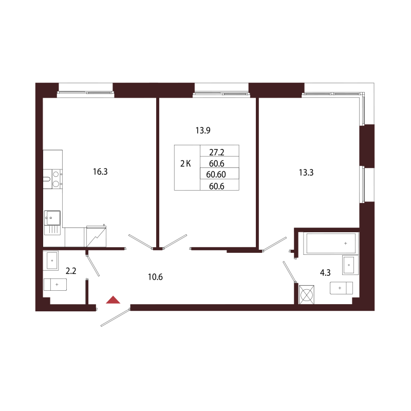 3-комнатная (Евро) квартира, 60.6 м² в ЖК "Лисино" - планировка, фото №1