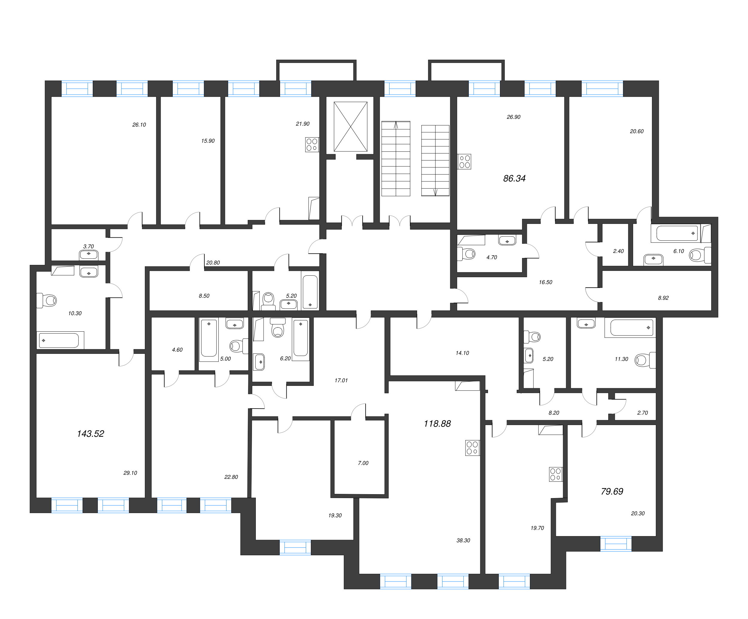 2-комнатная (Евро) квартира, 80.3 м² в ЖК "Манхэттэн" - планировка этажа