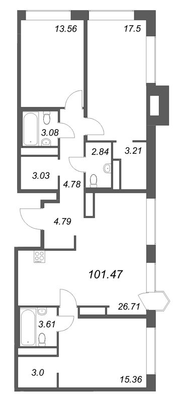 4-комнатная (Евро) квартира, 101.47 м² в ЖК "Avant" - планировка, фото №1