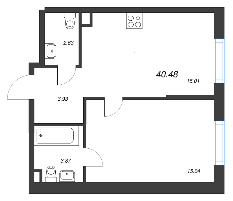2-комнатная (Евро) квартира, 40.6 м² в ЖК "Zoom на Неве" - планировка, фото №1