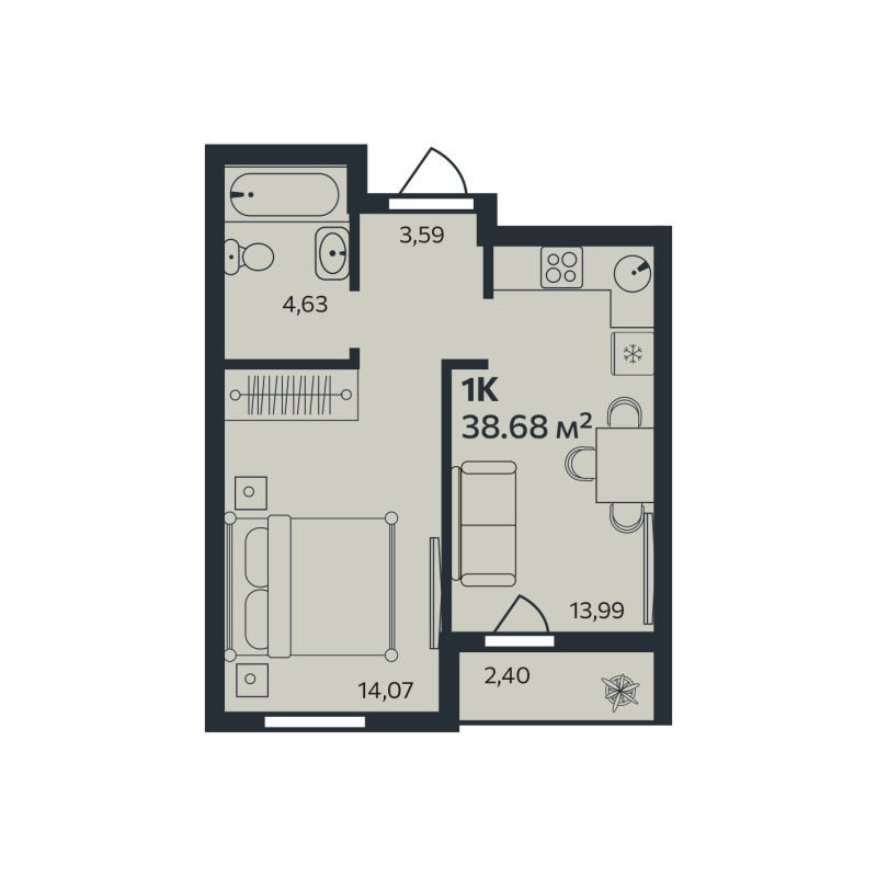 1-комнатная квартира, 38.68 м² в ЖК "Эдельвейс.Янино" - планировка, фото №1