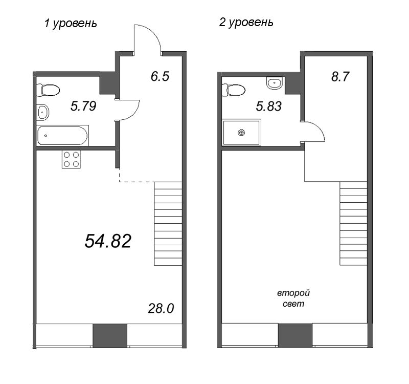 2-комнатная (Евро) квартира, 54.82 м² - планировка, фото №1