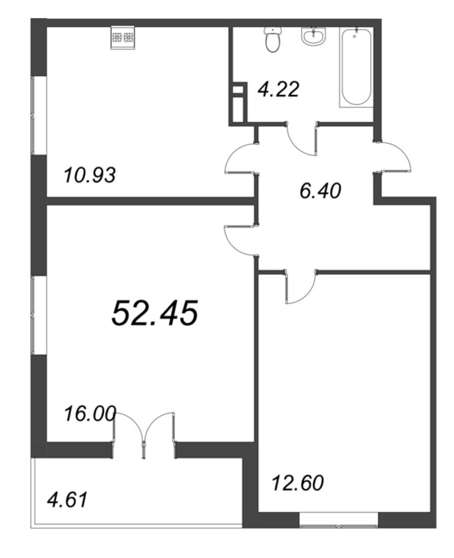2-комнатная квартира, 52.45 м² - планировка, фото №1