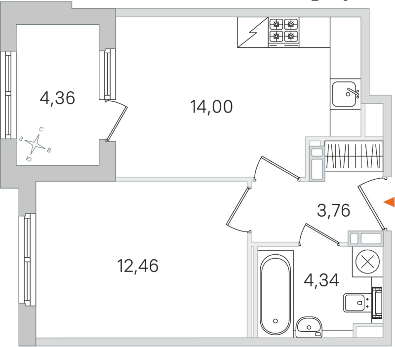 1-комнатная квартира, 34.56 м² в ЖК "Дубровский" - планировка, фото №1