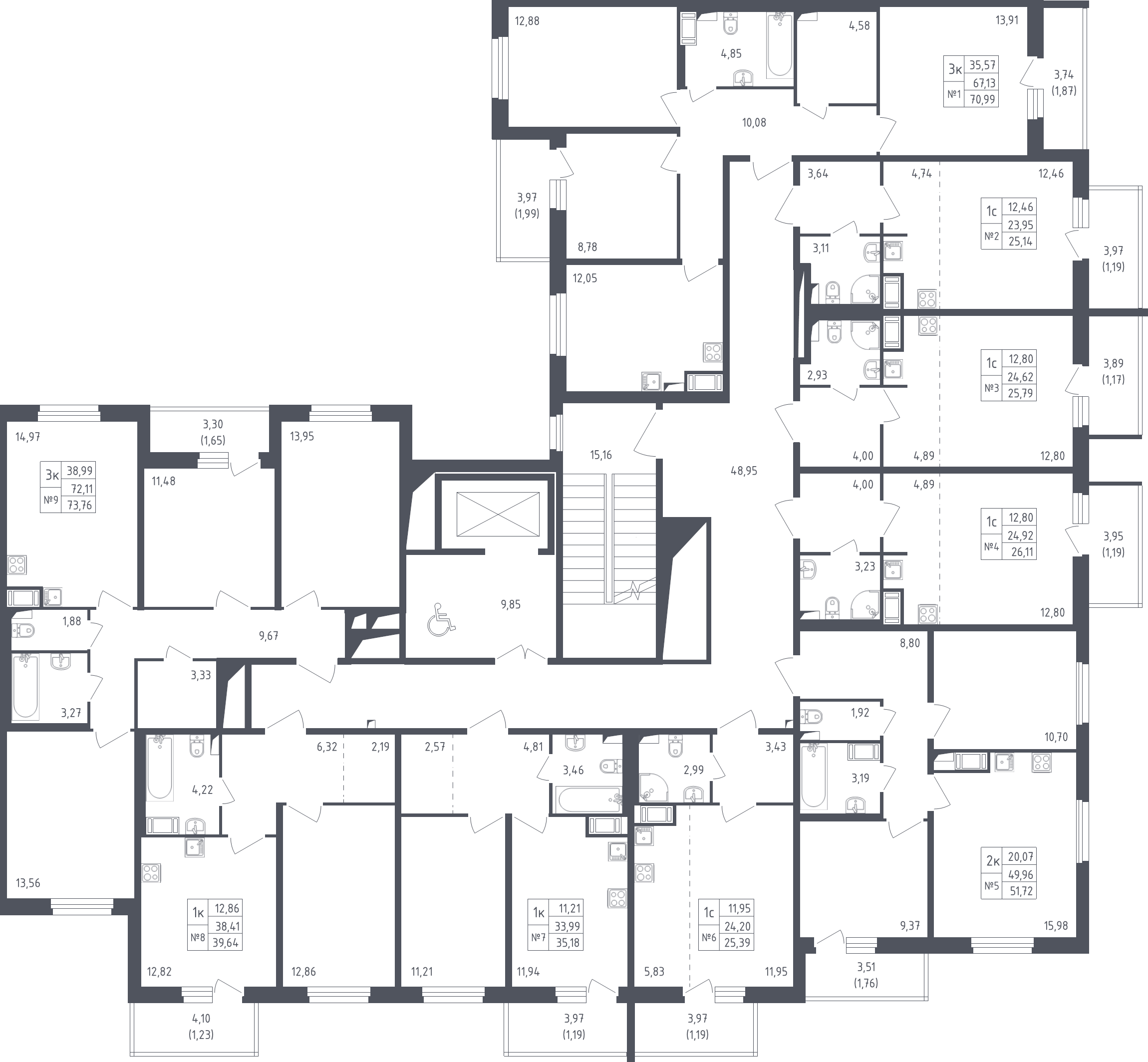1-комнатная квартира, 39.64 м² - планировка этажа