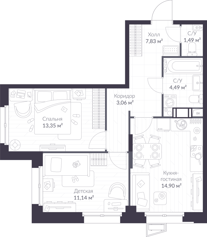 2-комнатная квартира, 56.26 м² в ЖК "VEREN NORT сертолово" - планировка, фото №1