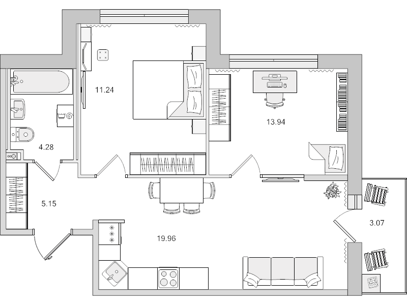 3-комнатная (Евро) квартира, 57.64 м² в ЖК "Город Первых" - планировка, фото №1