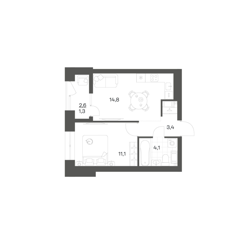 1-комнатная квартира, 34.66 м² в ЖК "Новый Питер" - планировка, фото №1