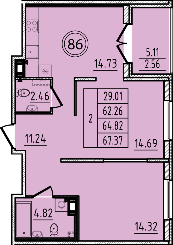 2-комнатная квартира, 62.26 м² - планировка, фото №1