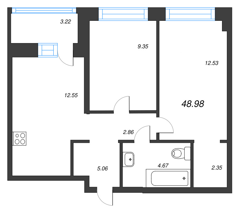 2-комнатная квартира, 48.98 м² в ЖК "Уютный" - планировка, фото №1