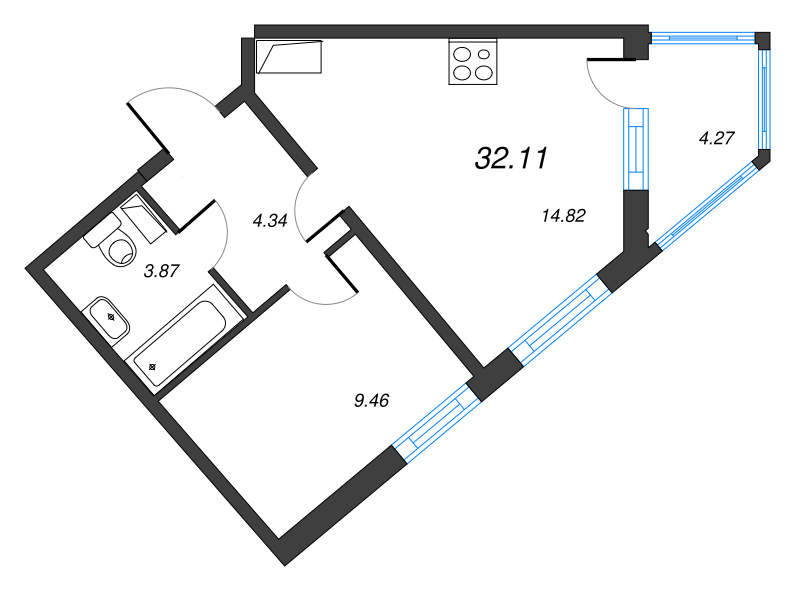1-комнатная квартира, 32.11 м² - планировка, фото №1