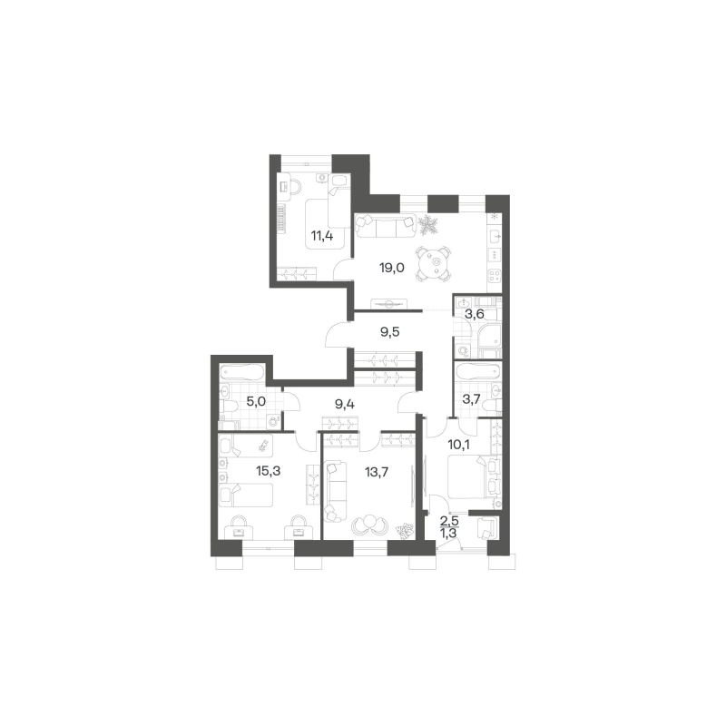 5-комнатная (Евро) квартира, 102.03 м² в ЖК "Новый Питер" - планировка, фото №1
